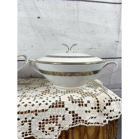 Noritake China Japan Hartford Grey Gold Greek Key Lidded Sugar Bowl And Creamer - Picture 3 of 12